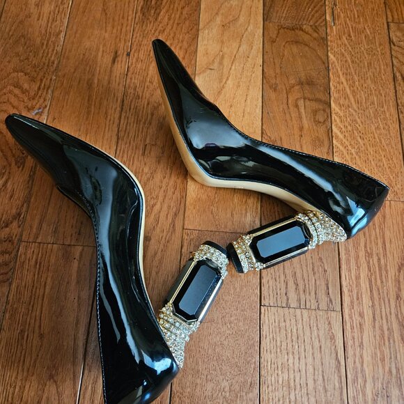 FSJ Black Bridal Pointed Toe Chunky High Heel Wedding Shoes - Picture 5 of 11